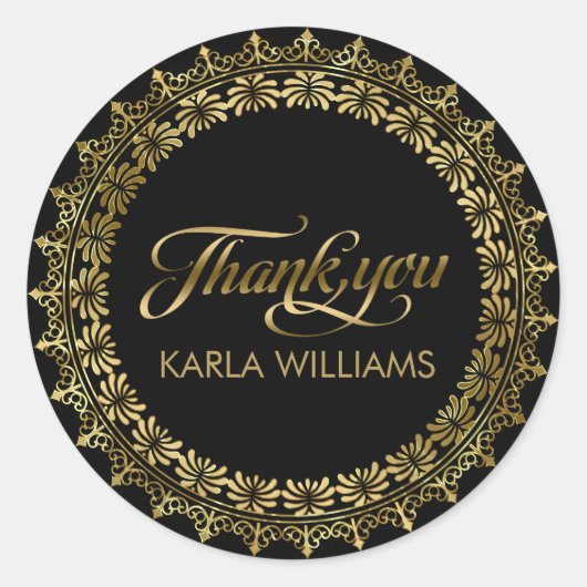 金ゴールドレースフレームサンキュータイポグラフィ ラウンドシール (正面)