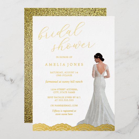 金ゴールドレースブライドドレスブライダルシャワー 箔招待状 (正面/裏面)