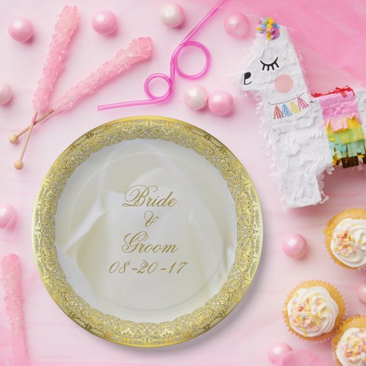 金ゴールドレースホワイト抽象芸術結婚バラ ペーパープレート (パーティー)