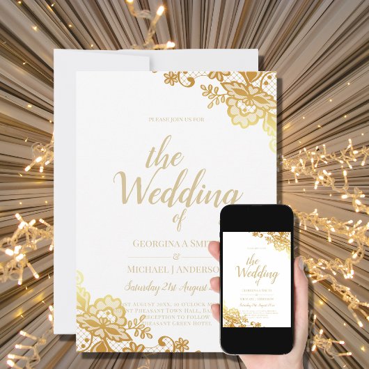 金ゴールドレースホワイト結婚式招待状エレガントクラシック 招待状