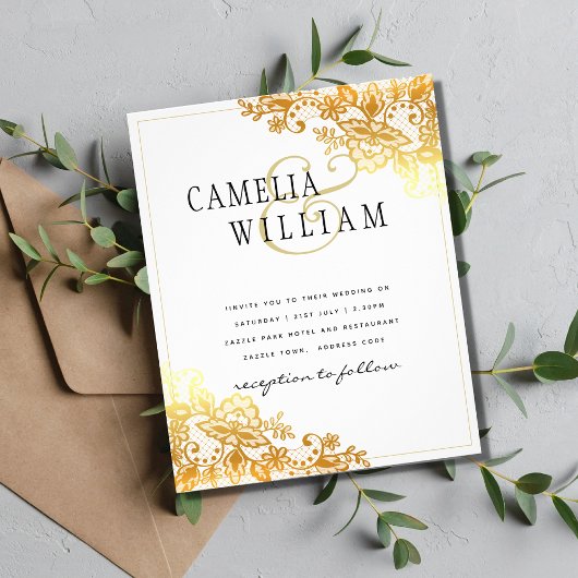 金ゴールドレースホワイト結婚式招待状クラシックエレガント