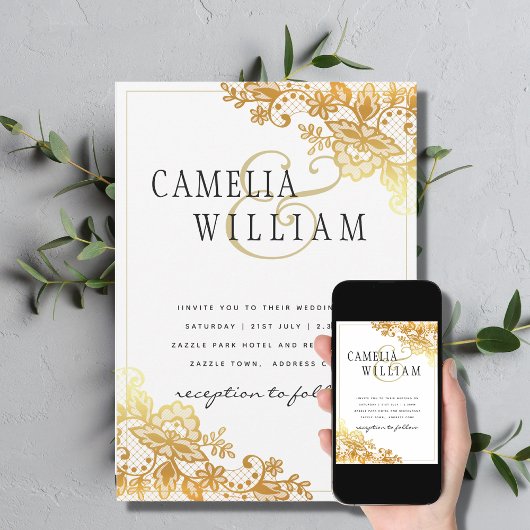 金ゴールドレースホワイト結婚式招待状クラシックエレガント 招待状