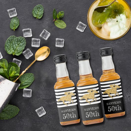 金ゴールドレースホースオンブラックストライプ誕生日 リキュールボトルラベル