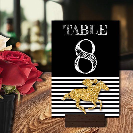 金ゴールドレースホースオンブラック&ホワイトストライプ誕生日 テーブルナンバー