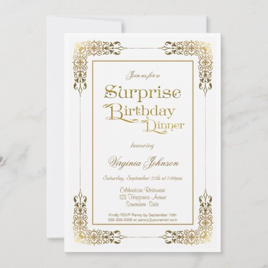 金ゴールドレース華美サプライズ誕生日ディナーパーティー 招待状 (正面)