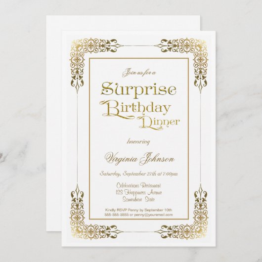 金ゴールドレース華美サプライズ誕生日ディナーパーティー 招待状 (正面/裏面)