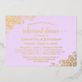 金ゴールドレース薄紫パープル結婚のリハーサルディナー 箔招待状 (正面)