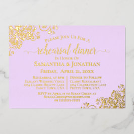 金ゴールドレース薄紫パープル結婚のリハーサルディナー 箔招待状