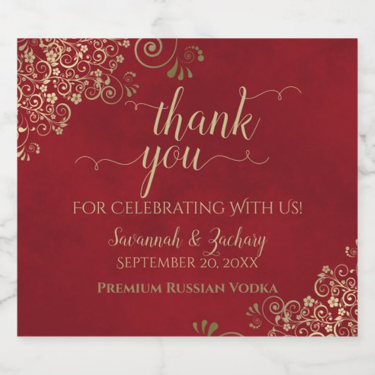 金ゴールドレース赤エレガントな結婚式ありがとう リキュールボトルラベル (シングルラベル)