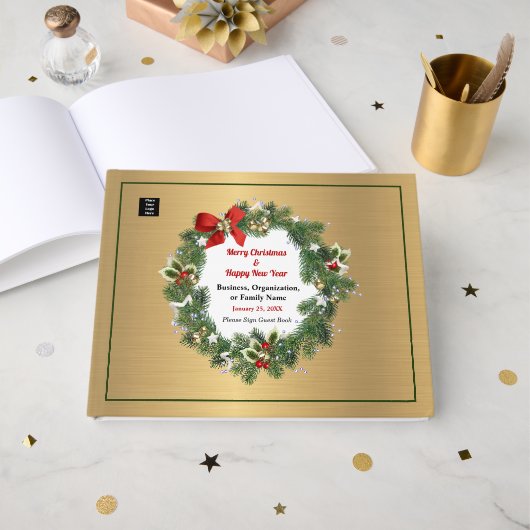 金ゴールドロゴファミリークリスマスカスタムパーティー ゲストブック (正面見開き)