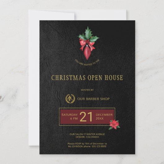 金ゴールドロゴ理容師ショップクリスマスオープンハウスパーティー 招待状 (正面)