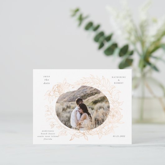 金ゴールドロマンチックなフローラ日付郵便はがきを保存 ポストカード (スタンド正面)