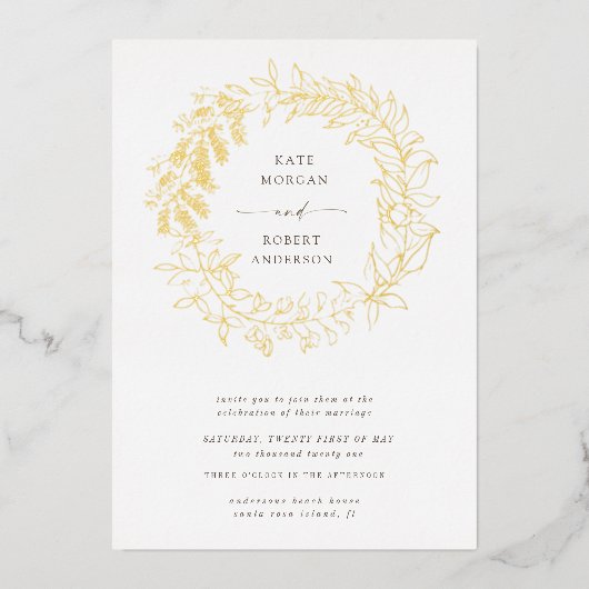 金ゴールドロマンチックフローラ結婚リース 箔招待状 (正面)