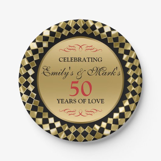 金ゴールドロンボイドと赤い渦巻き旋回 – 金ゴールド記念日Din ペーパープレート (正面)