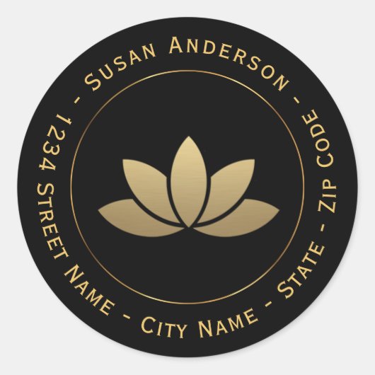 金ゴールドロータスフラワー差出人住所ラベル ラウンドシール (正面)