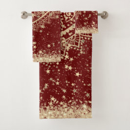 金ゴールドロータスマンダラと金ゴールド星オン赤 バスタオルセット