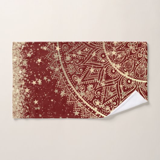 金ゴールドロータスマンダラと金ゴールド星オン赤 バスタオルセット (ハンドタオル)
