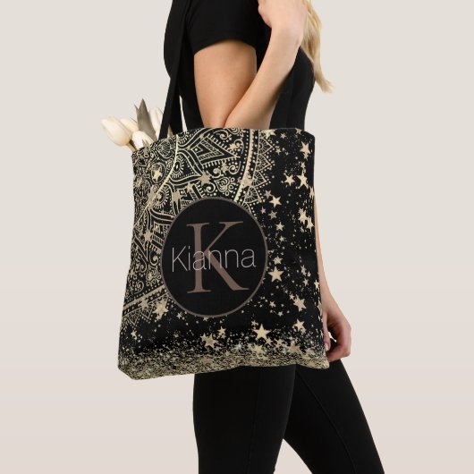 金ゴールドロータスマンダラグリッター金ゴールドスターズモノグラム トートバッグ (クローズアップ)