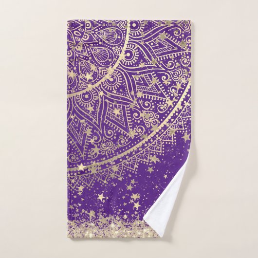 金ゴールドロータスマンダラ金ゴールド星と紫 バスタオルセット (ハンドタオル)
