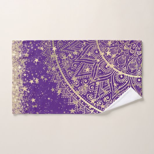 金ゴールドロータスマンダラ金ゴールド星と紫 バスタオルセット (ハンドタオル)