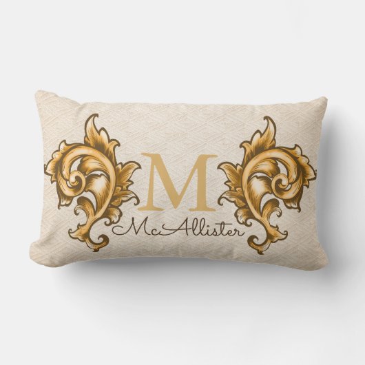 金ゴールドローフェイクレズウィーヴベージュプリント – 家族名 ランバークッション (正面)