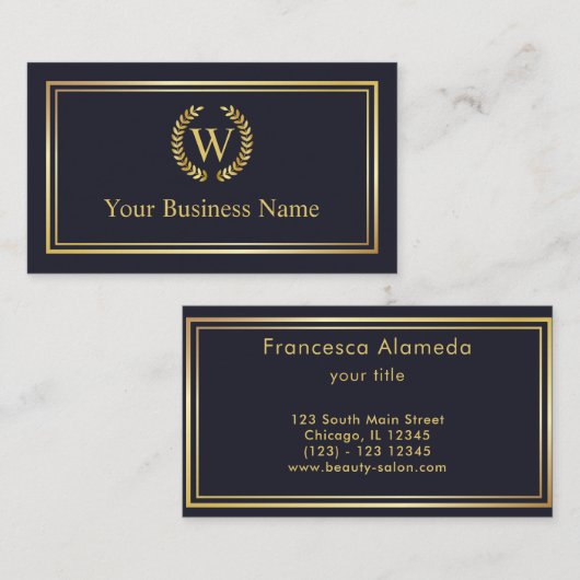 金ゴールドローレルリースイニシャルロゴ 名刺 (正面/裏面)