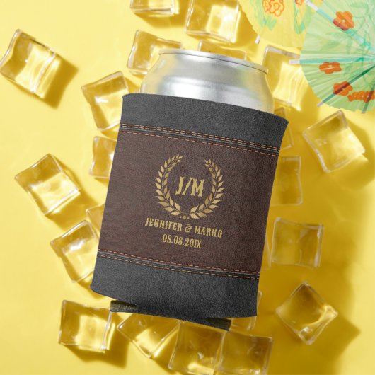 金ゴールドローレルリースブラウン&ブラックステッチ革 缶クーラー (インサイチュ 夏)