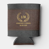 金ゴールドローレルリースブラウン&ブラックステッチ革 缶クーラー (正面)