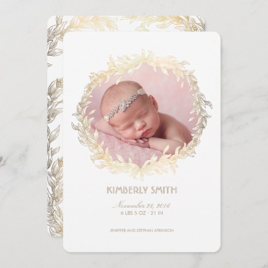 金ゴールドローレルリースホワイト生まれたばかりのベビーフォト誕生 案内状 (正面/裏面)