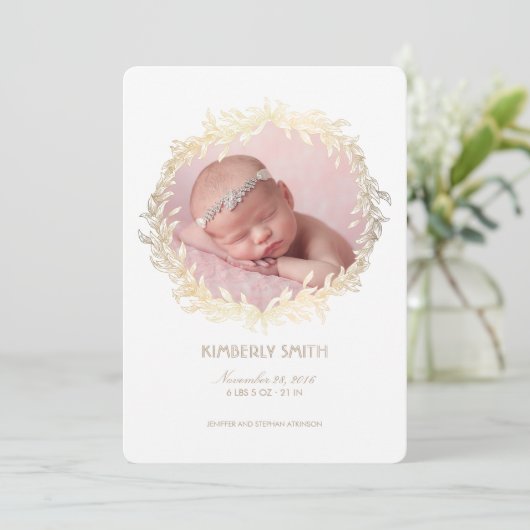 金ゴールドローレルリースホワイト生まれたばかりのベビーフォト誕生 案内状 (スタンド正面)