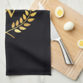 金ゴールドローレルリースモノグラム キッチンタオル (四つ折り)
