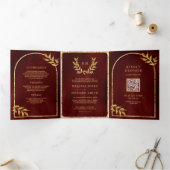 金ゴールドローレルリース離れズブルグンディ結婚レッド 三つ折り招待状 (内部)