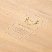 金ゴールドローレル離れリースウェディング日付の保存 アクリル招待状 (レイダウン)