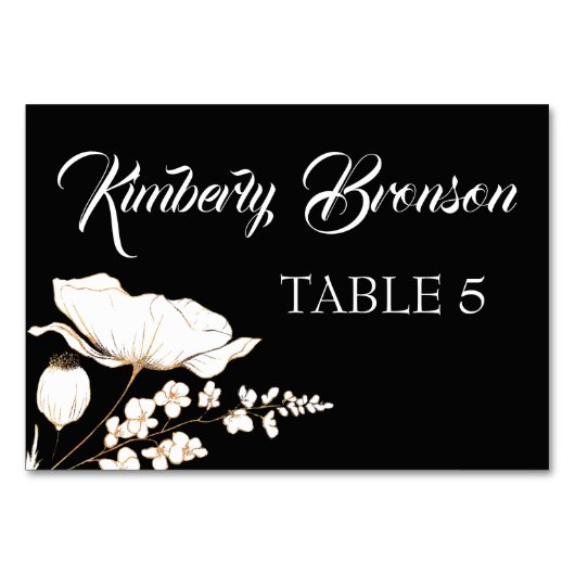 金ゴールドワイルドフラワーの個々のゲスト名テーブルカード テーブルナンバー (正面)