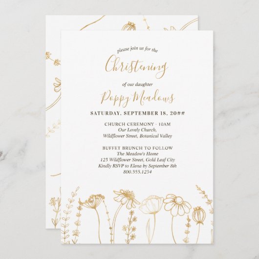金ゴールドワイルドフラワースケッチシンプルフローラ《キリスト教》洗礼式や命名式 招待状 (正面/裏面)