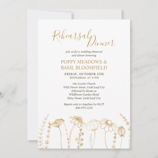 金ゴールドワイルドフラワースケ結婚ッチのディナーリハーサル 招待状 (正面)