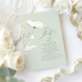 金ゴールドワイルドフラワーセージ緑エレガント赤ちゃんシャワー 招待状