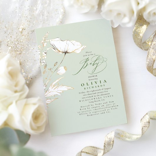 金ゴールドワイルドフラワーセージ緑エレガント赤ちゃんシャワー 招待状
