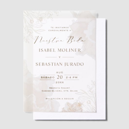 金ゴールドワイルドフラワーヌエストラスペインのボダ結婚ズ ベラム紙招待状 (オフセット)