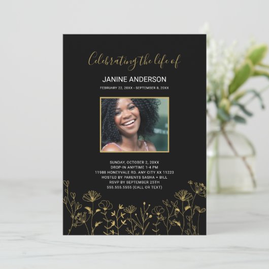 金ゴールドワイルドフラワーライフお祝い写真招待状 招待状 (スタンド正面)
