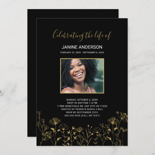 金ゴールドワイルドフラワーライフお祝い写真招待状 招待状 (正面/裏面)