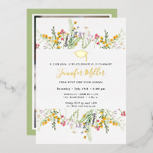 金ゴールドワイルドフラワー卒業写真の背面 箔招待状