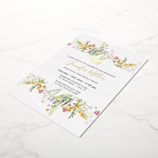 金ゴールドワイルドフラワー卒業写真の背面 箔招待状 (回転した状態)