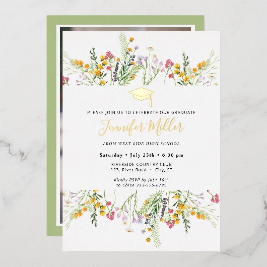 金ゴールドワイルドフラワー卒業写真の背面 箔招待状 (正面/裏面)