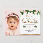 金ゴールドワイルドワンフローラサファリ誕生日写真 招待状 (正面/裏面)