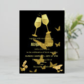 金ゴールドワイングラス蝶結婚の 箔招待状 (立ち正面)