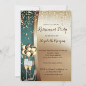 金ゴールドワイングラス、ハイヒール、バルーン退職パーティー 招待状 (正面)