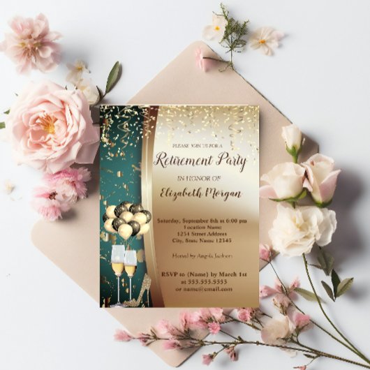 金ゴールドワイングラス、ハイヒール、バルーン退職パーティー 招待状