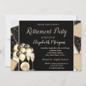金ゴールドワイングラス、風船、大理石の退職パーティー 招待状 (正面)