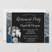 金ゴールドワイングラス、風船、青い大理石の退職 招待状 (正面)